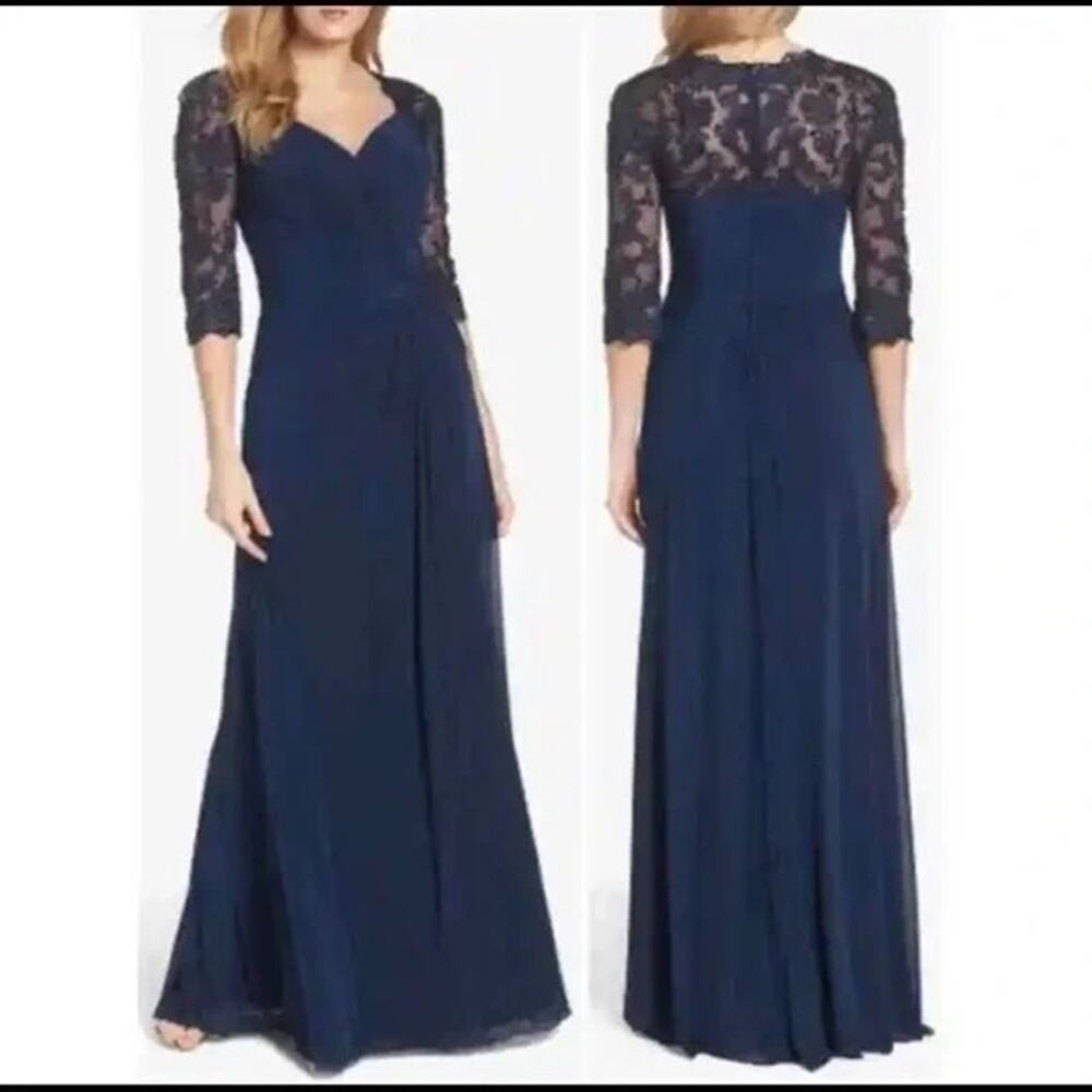La Femme Lace & Net Ruched Twist Front Navy Lace Crystal Rhinestone Gown- Sz 6